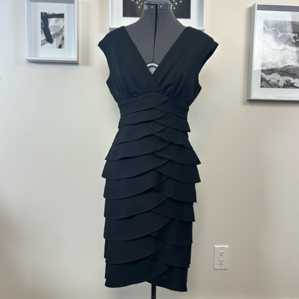 Miss Dorby Black Tiered Ruffle Cocktail Dress Size 8 V Neck Cap Sleeve